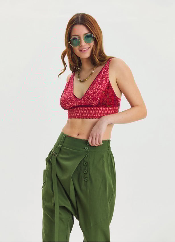 Lace Up Open Back Adjustable Red Crop Blouse 4647